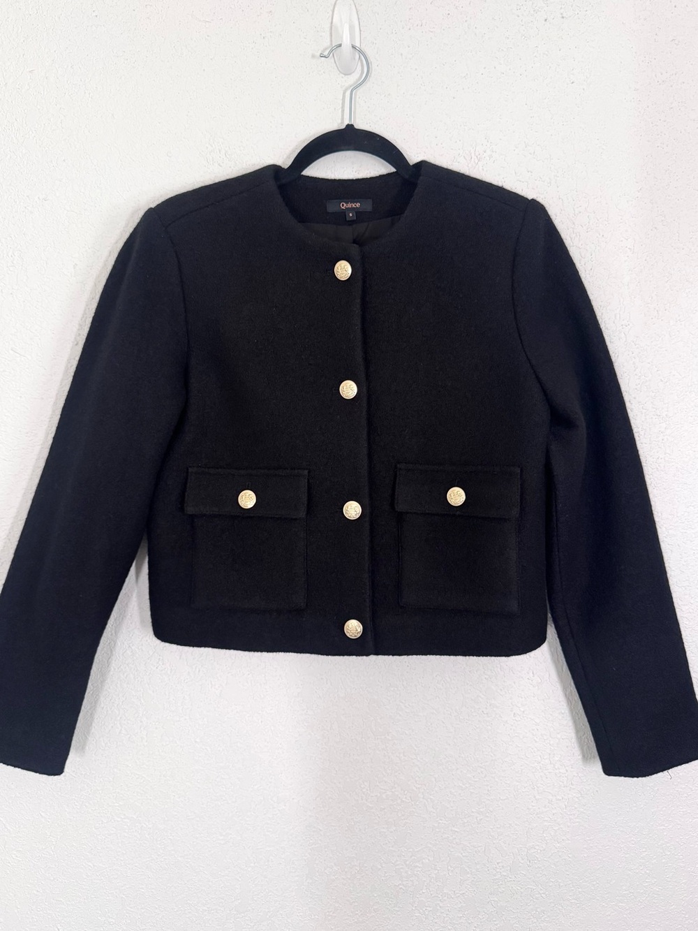 Quince 100% Merino Wool Collarless Cropped Jacket in Black Size Small - Picture 2 of 5